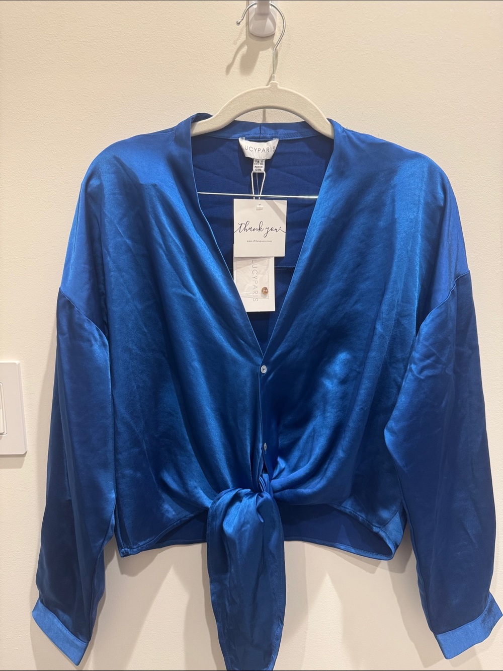Lucy Paris Gloria Royal Blue Satin Tie-Front Blouse
